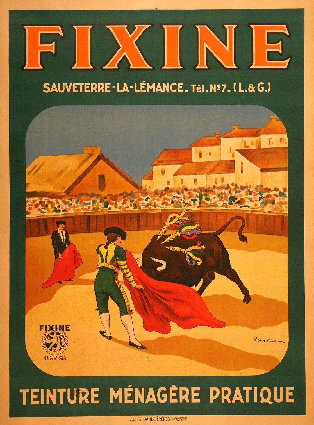 Original 1950's Vintage French Poster for Fixine Teinture Bullfight by Rousseau
