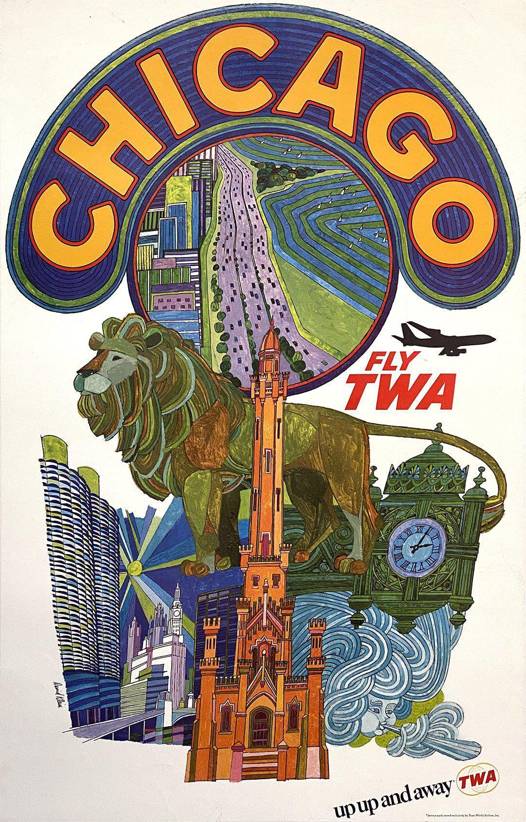 David Klein Original Poster Fly TWA Chicago - Up Up and Away c1960