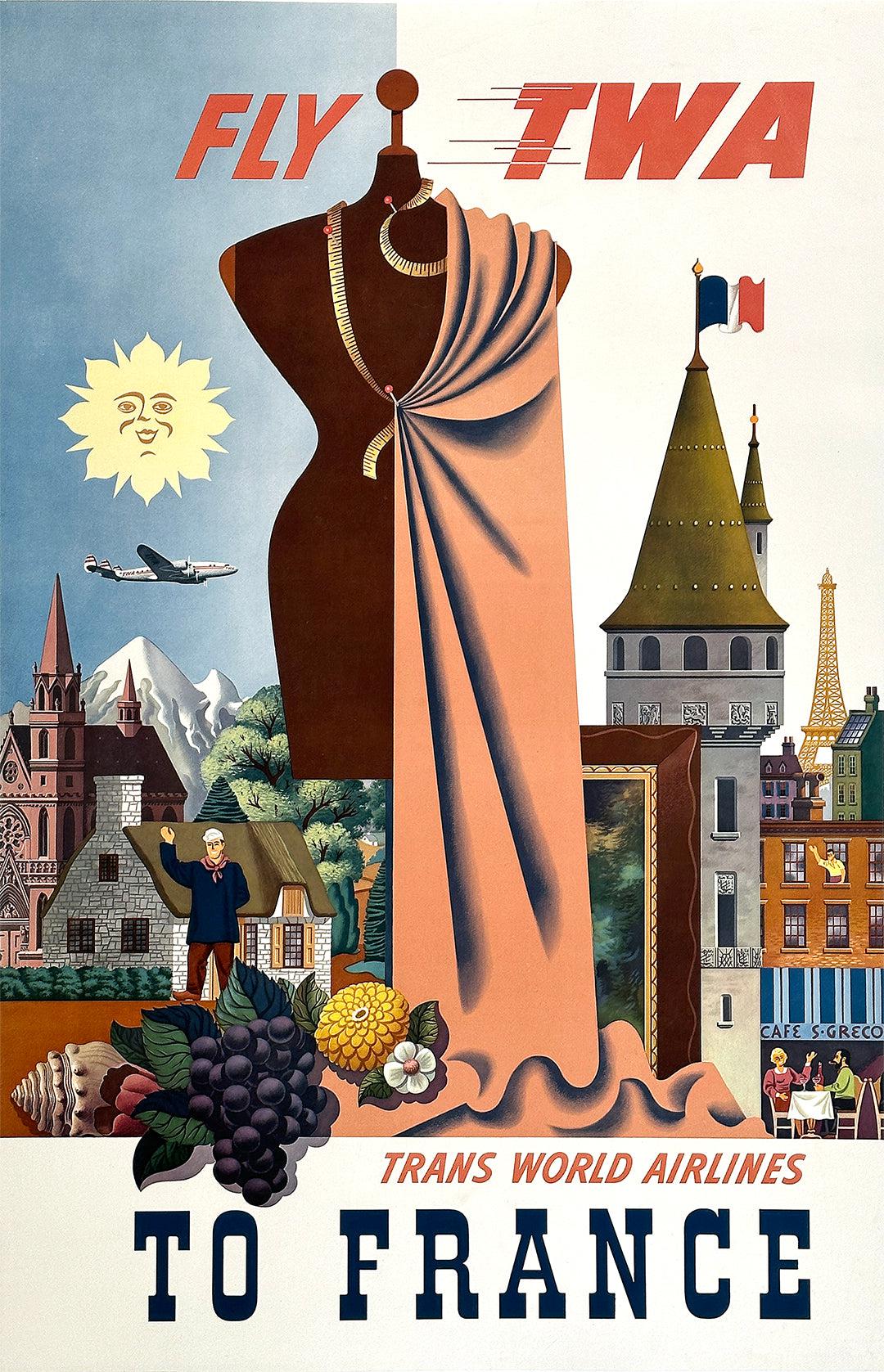 Original Vintage TWA to France Poster by Greco c1950
