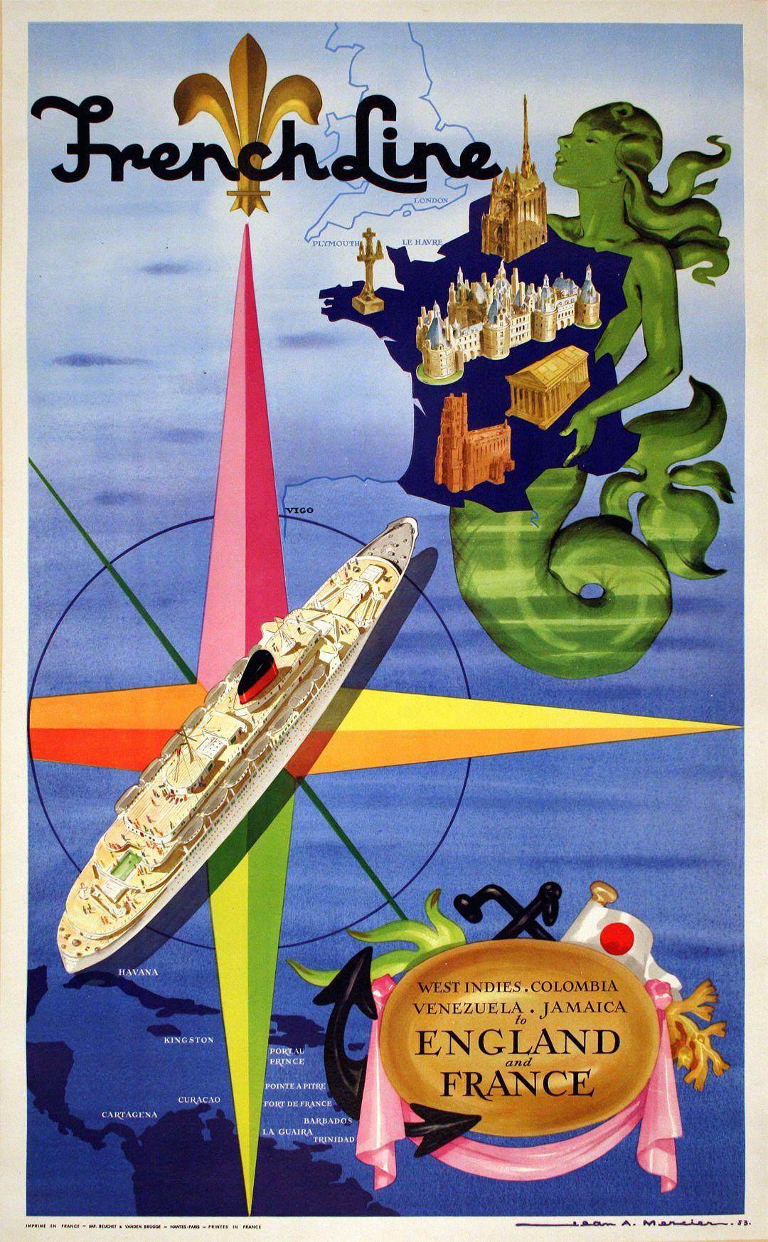 Vintage Original French Line Poster 1953 by Jean Mercier
