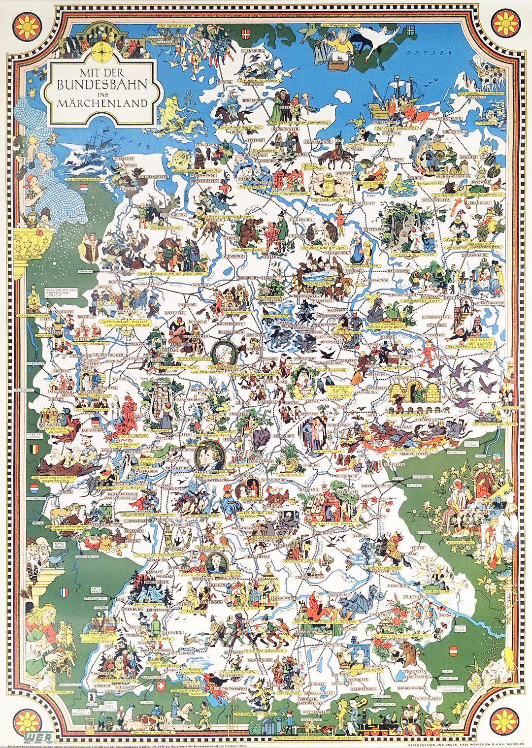 Original Vintage Poster German Fairytale Map by Leo Faller Bundesbahn