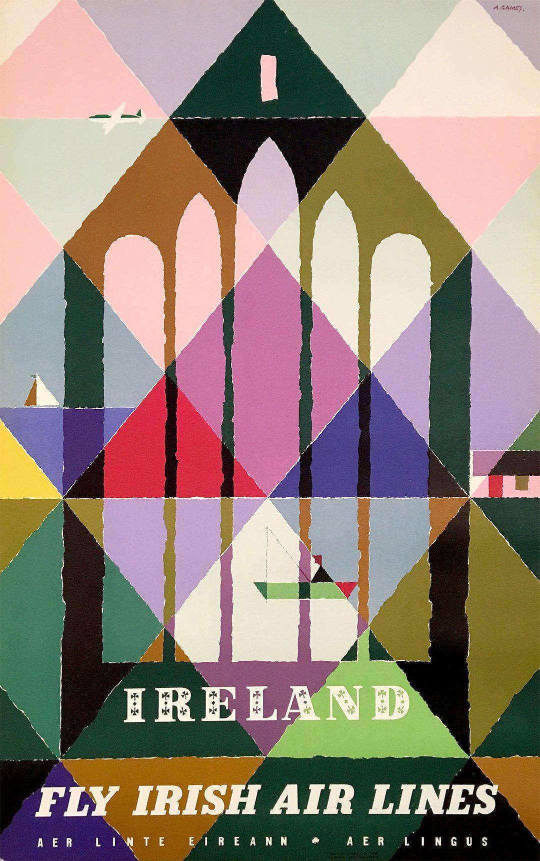 Original Vintage Poster Ireland Fly Irish Air Lines by Abram Games c1960