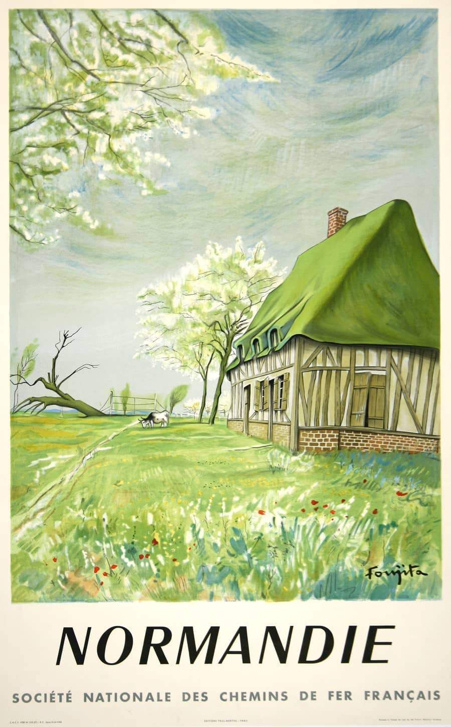 Original Vintage Normandie Travel Poster by Foujita 1958 SNCF