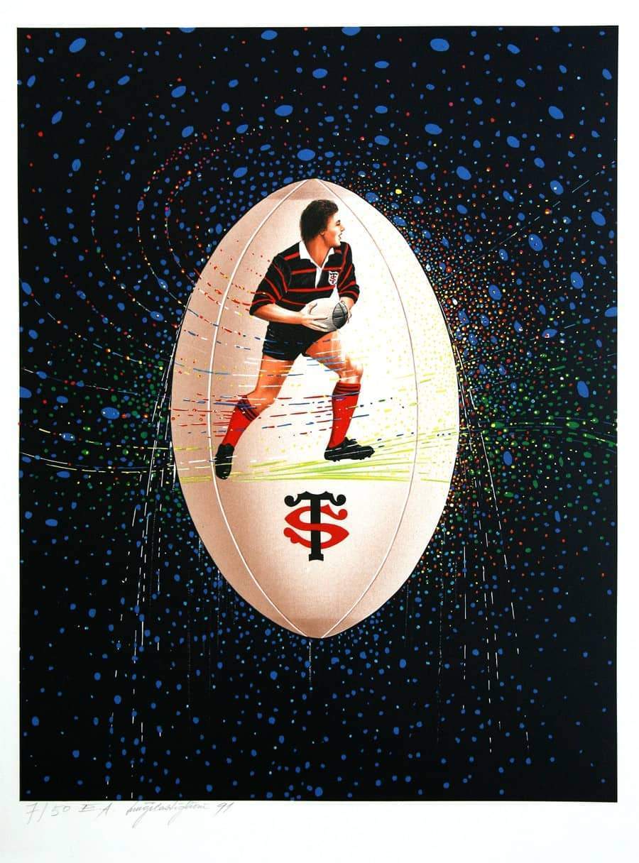 Original Vintage Rugby Player Print by Luigi Castiglioni 1991 Hand Signed
