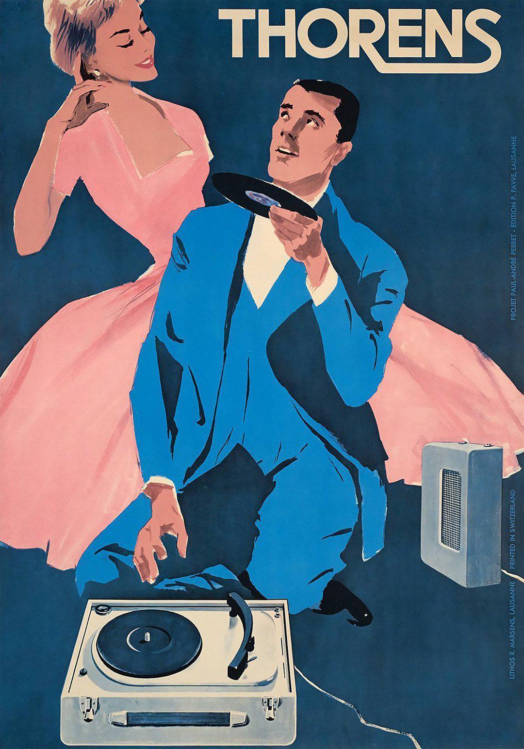 Original Vintage Thorens Turntable Poster by Paul-Andre Perret c1958 Record Player