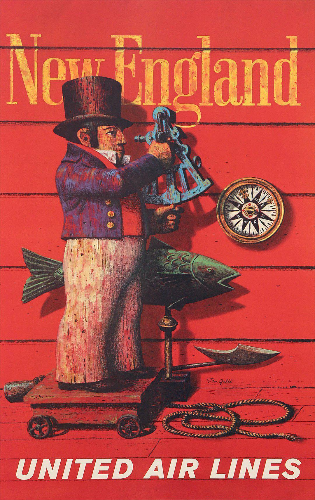 Original United Air Lines New England Poster by Stan Galli c1960