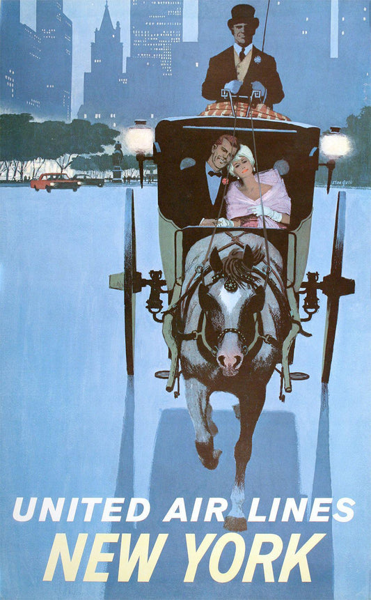 United Air Lines New York Poster by Stan Galli c1960 Central Park Carriage