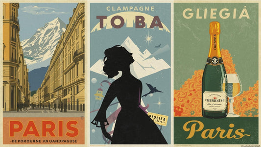 Vintage travel, fashion, and champagne posters in bold colors with early 20th-century European style.