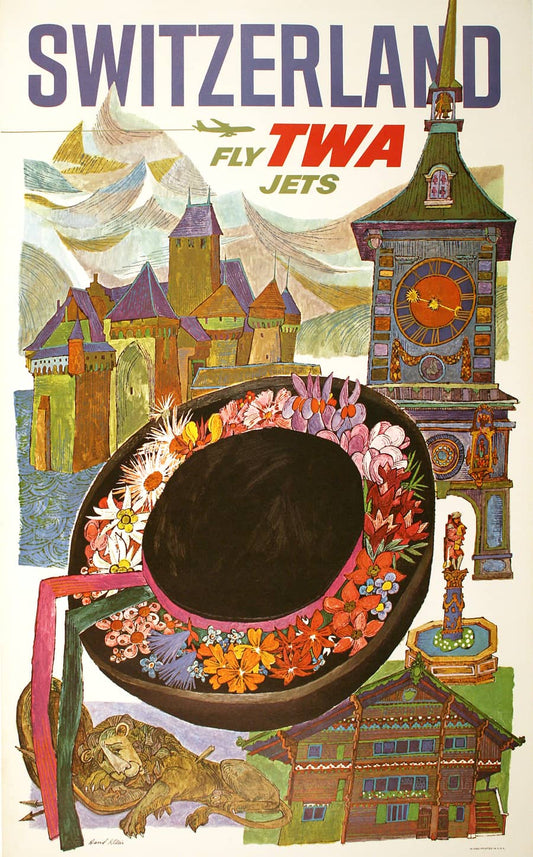 Original David Klein TWA Poster C1965 - Switzerland Hat