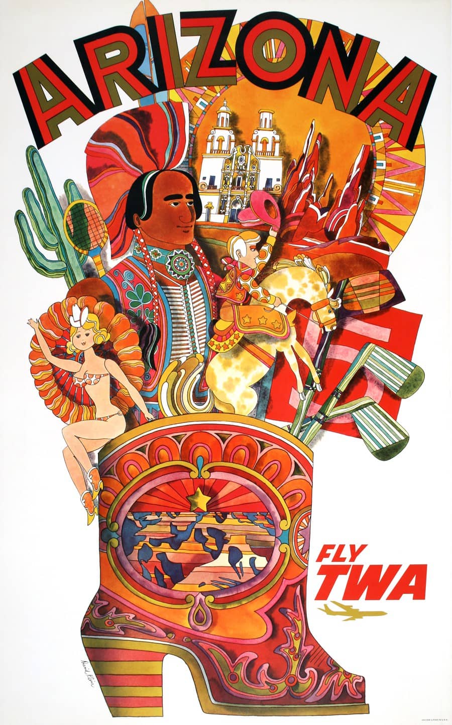 Original Vintage David Klein Fly TWA Arizona Boot Poster C1960