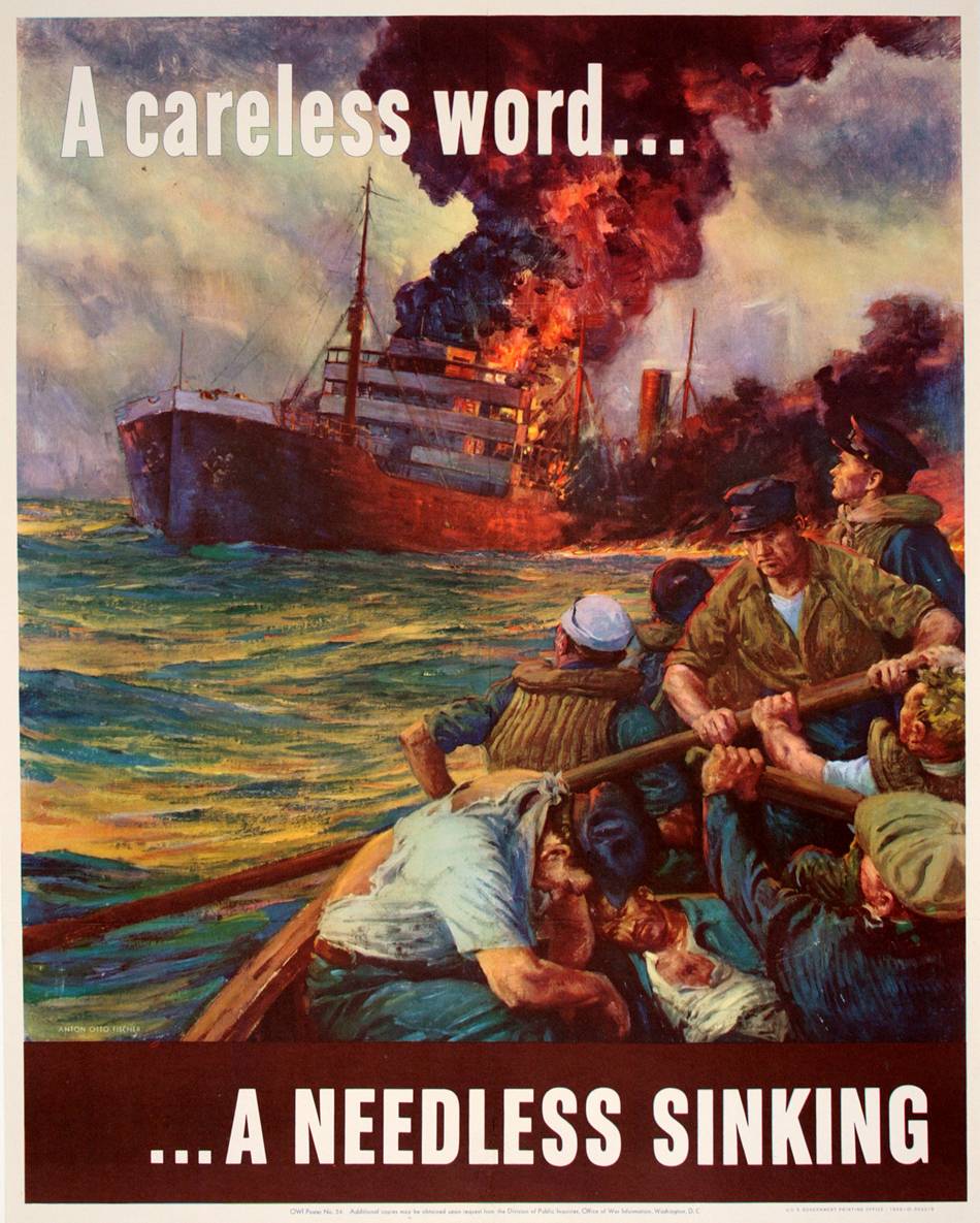 Original WWII Vintage Poster - A Careless Word A Needless Sinking by Anton Fischer 1943