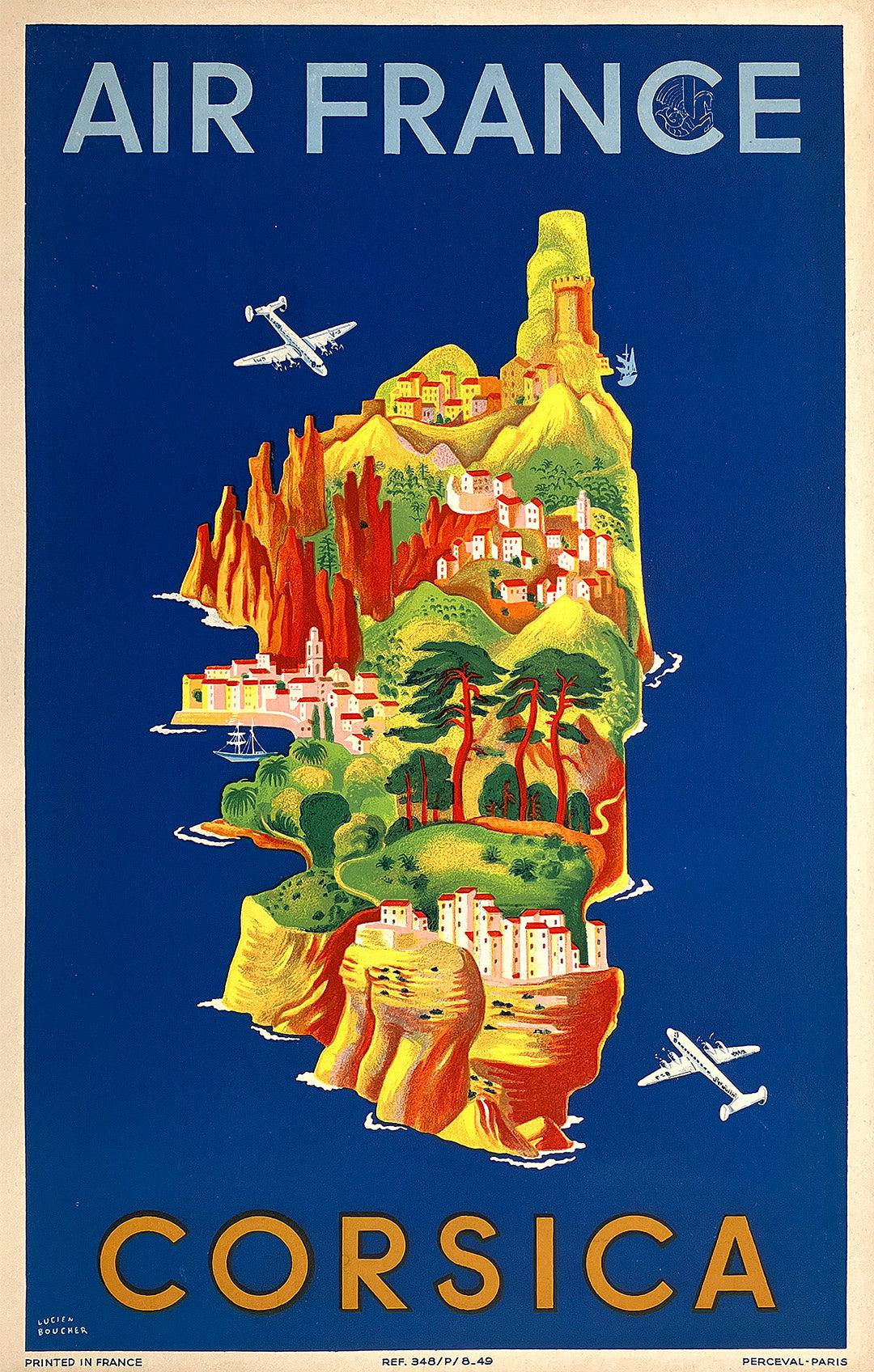 Original Vintage Travel Poster Air France Corsica Small by Lucien Boucher 1949