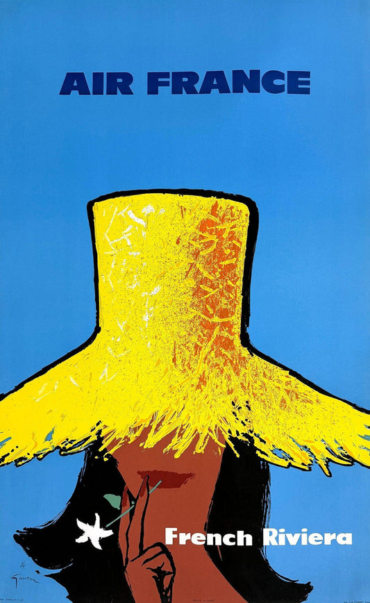 Original Vintage Rene Gruau Air France - French Riviera Poster 1962 Straw Hat