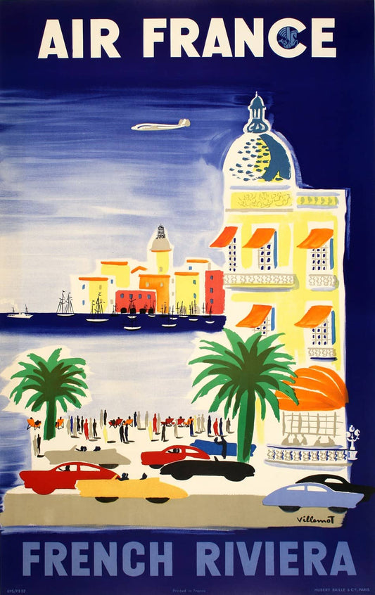 Original Vintage Air France French Riviera Poster by Bernard Villemot 1952 Jet Cote d'Azur