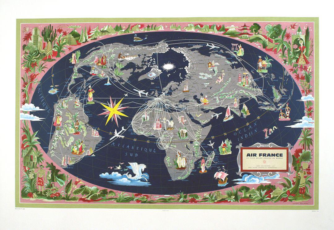 Original Vintage Air France Planisphere Poster Map 1959 by Lucien Boucher