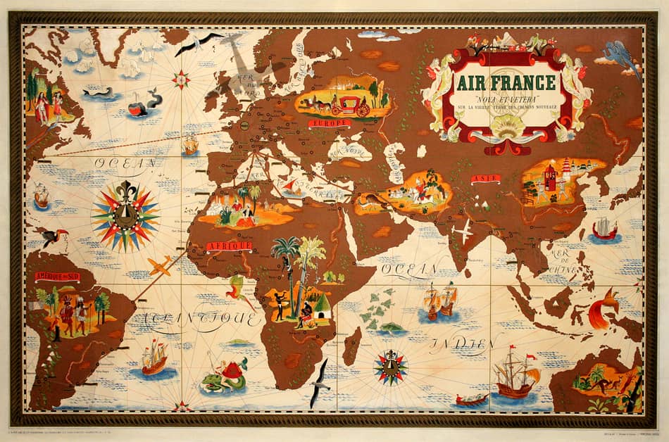 Original Air France Planishere Map by Lucien Boucher circa 1950