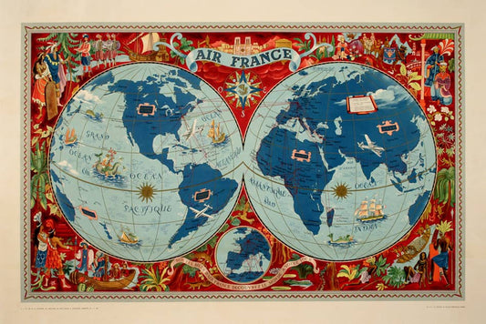 Original Air France Map Poster Planishere Created by Lucien Boucher in 1952