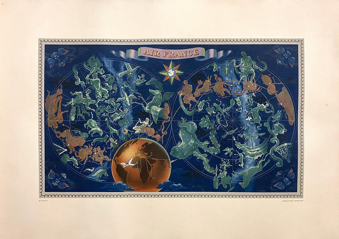 Original Vintage Air France Horoscope Poster by Lucien Boucher 1953 Small Format
