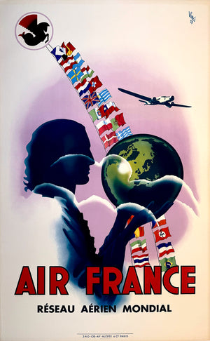 Original Vintage Air France - Reseau Aerien Mondial - Vinci Poster 1947