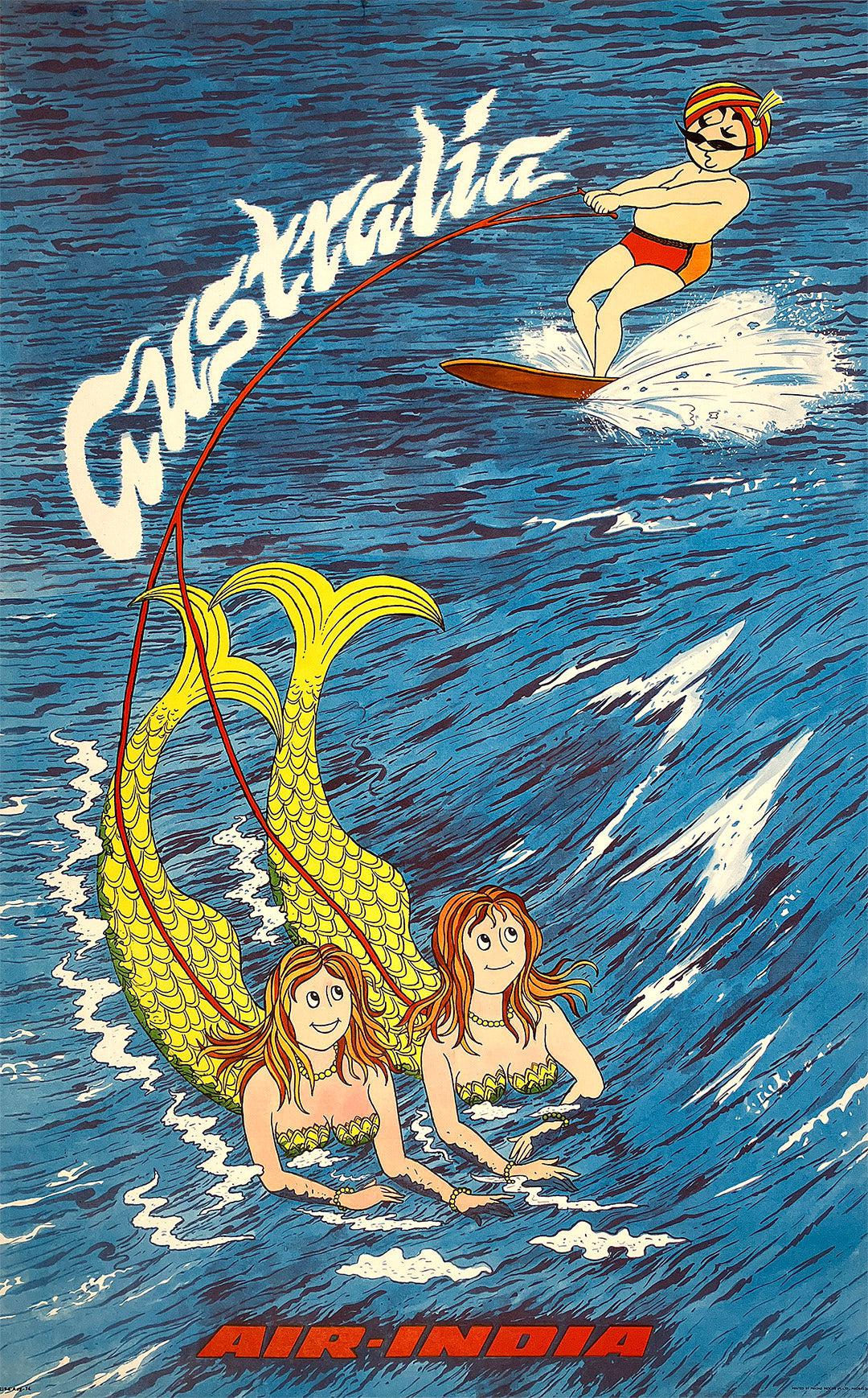 Original Vintage Air India Australia Poster c1970 Mermaid Water Ski