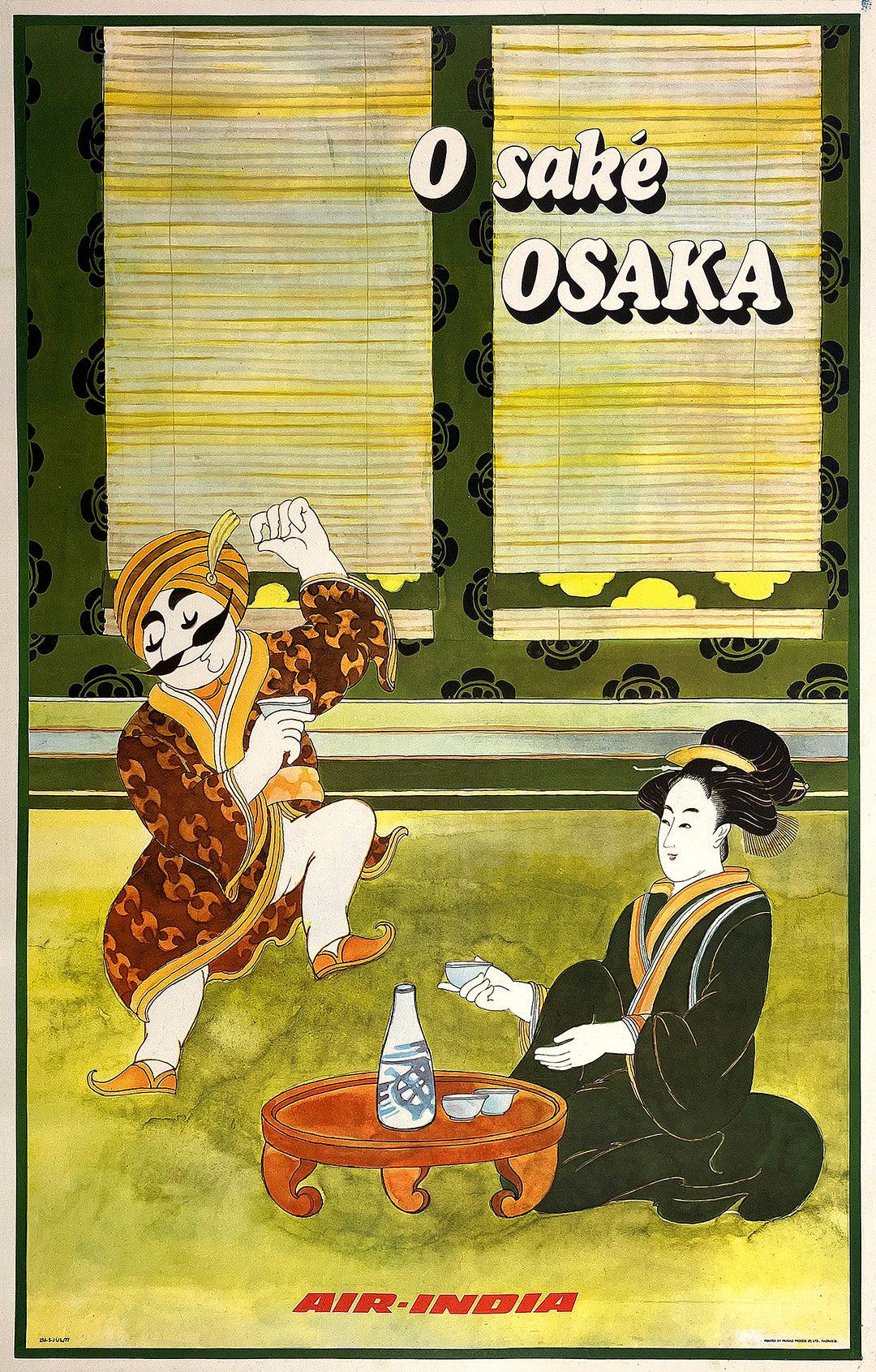 Original Vintage Air India O Sake Osaka Japan Poster 1977