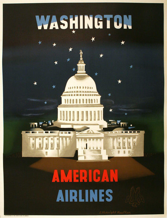 Original American Airline Poster c1955 Washington DC by E McKnight Kauffer