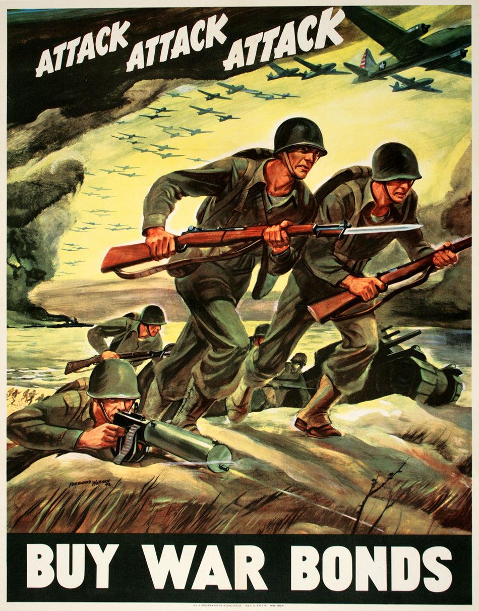 Original Vintage WWII Poster Attack Attack Attack by Warren 1942 Large
