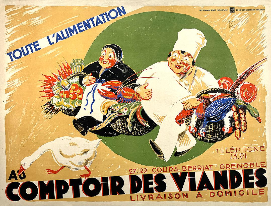 Original Vintage Au Comptoir des Viandes Grocery Poster by Rob d'Ac c1925 Butcher