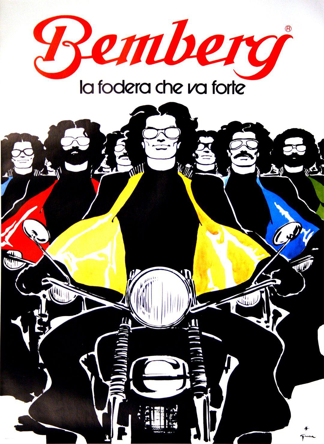 Original Vintage Bemberg Motorcycles Fabric Poster by Rene Gruau c1975