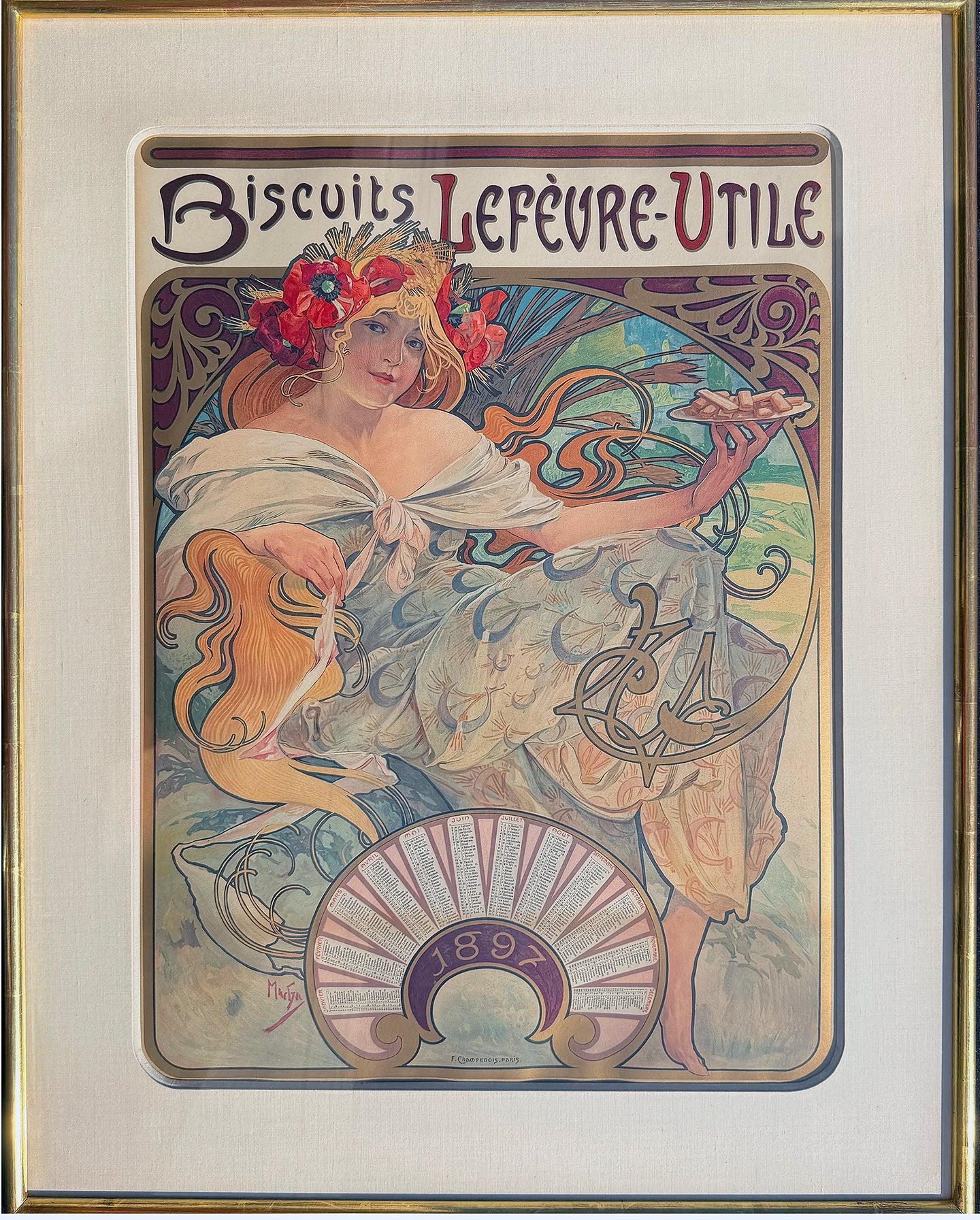 Original Vintage Alphons Mucha  Biscuits Lefevre Utile Calendar Poster 1897 Sarah Bernhardt Framed