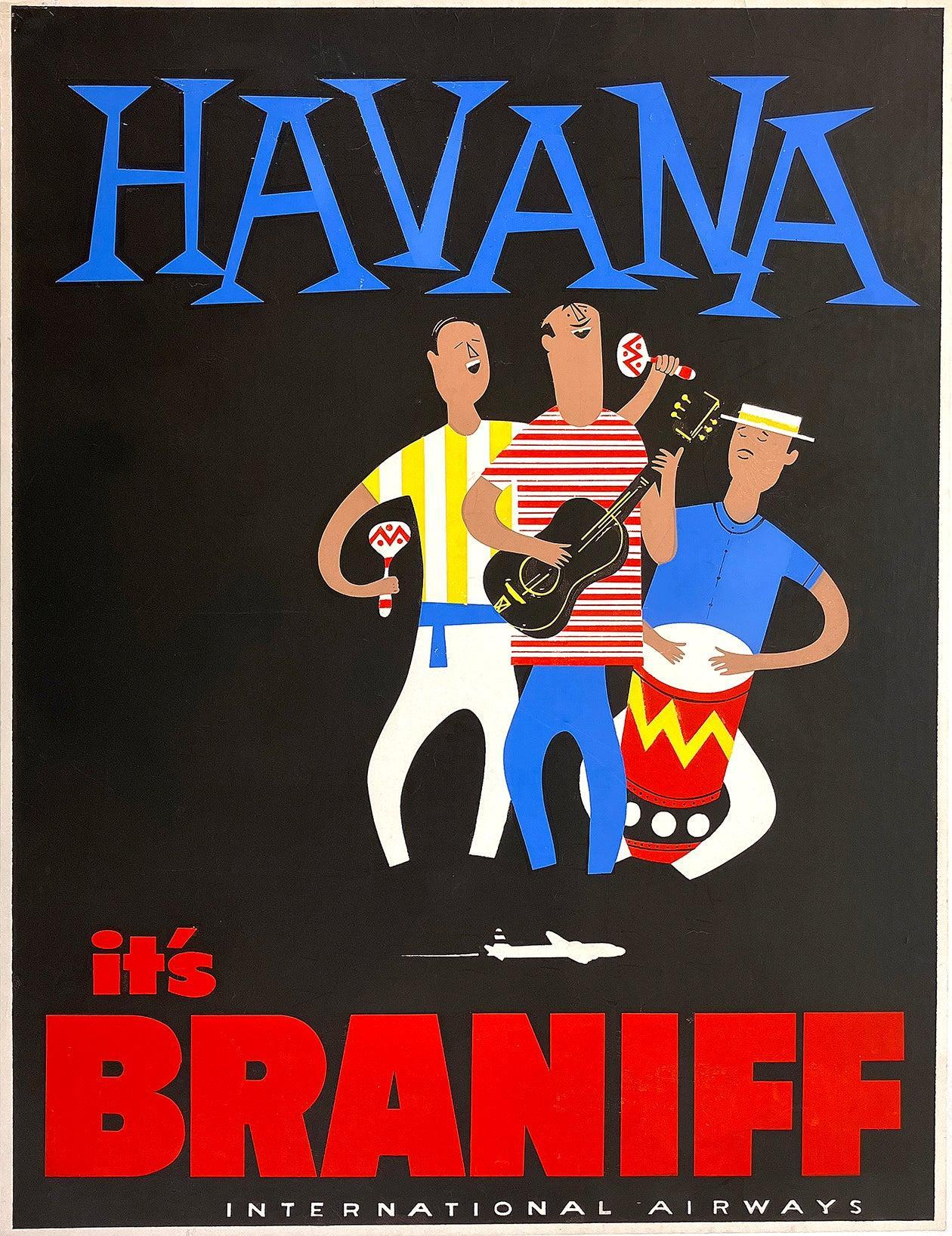 Original VIntage It's Braniff Havana Musical Trio - c1955 Poster Pre Castro 