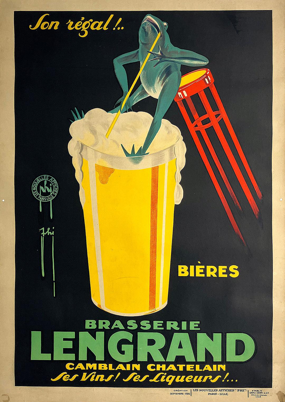 Original Vintage Brasserie Lengrand Frog Poster by Thi 1926 Beer