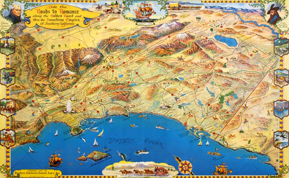 Original Southern California Map 1963 - Roads to Romance by Claude Putman
