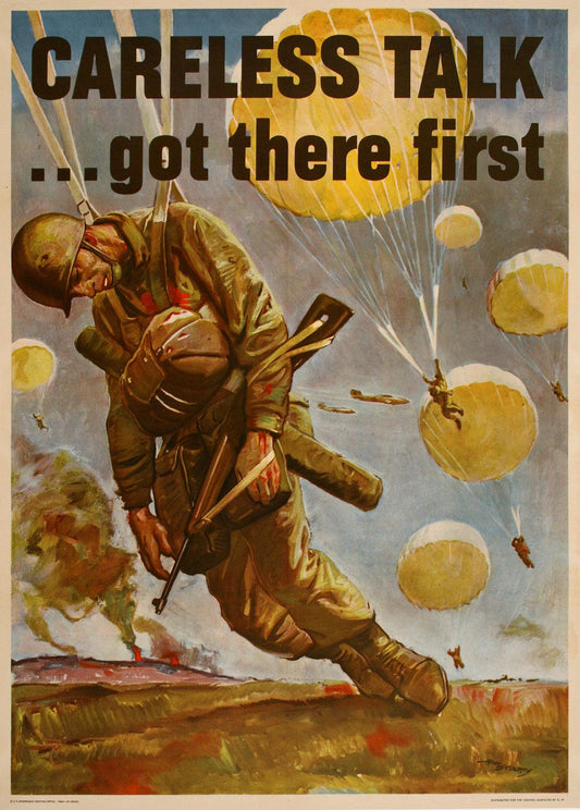 Original American WWII 1944 Poster by Stoop - Careless Talk Got There First Parachute - Large Size