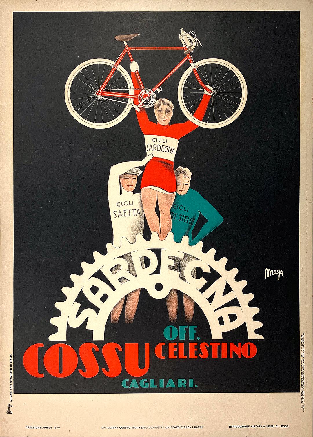 Original Italian Bicycle Poster 1930 by Maga - Cicli Cossu Sardegna