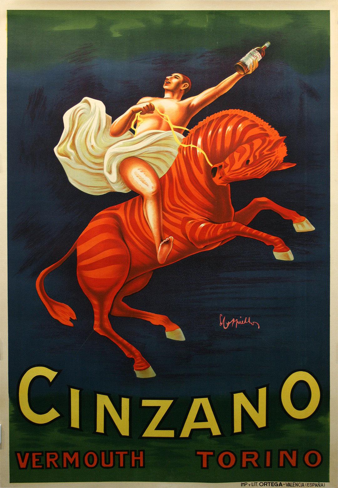 Original Vintage Cappiello Cinzano Vermouth Poster by Leonetto Cappiello 1910 Man on Striped Horse