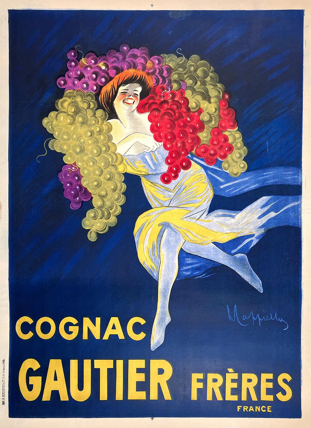 Original Vintage Rare Cappiello Poster Cognac Gautier Freres c1907