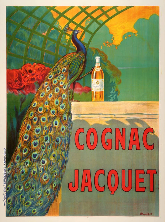 Original Vintage Cognac Jacquet Poster c1910 French Peacock by Camille Bouchet