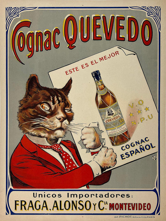 Original Vintage Cognac Quevedo 1920's Poster with Cat Uruguay