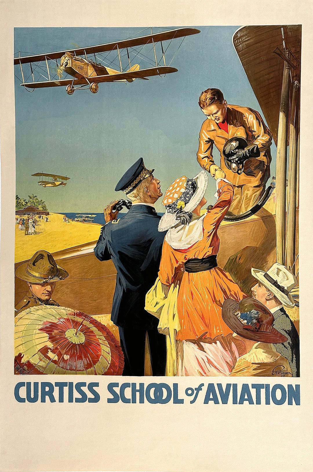 Original Vintage Curtiss School of Aviation Poster by E.W. Pirson 1917 Early Flight