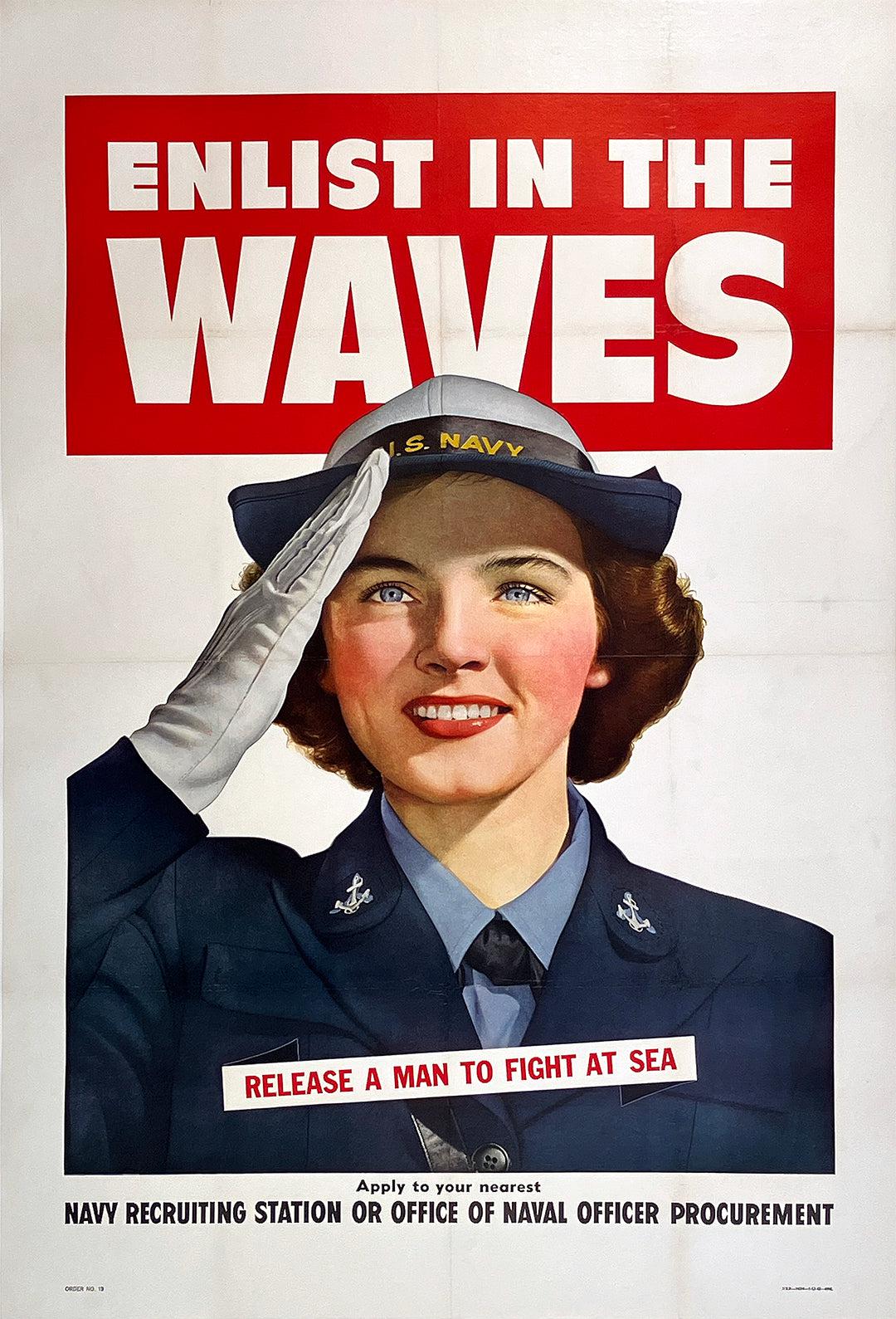 Original Vintage WWII Waves Poster Release a Man to Fight at Sea 1943