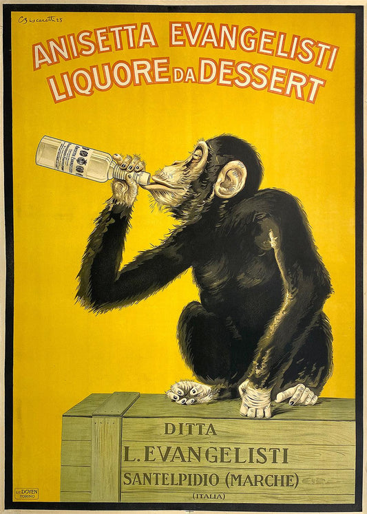 Original Italian Anisetta Evangelisti 1925 Poster by Biscaretti - Monkey Drinking