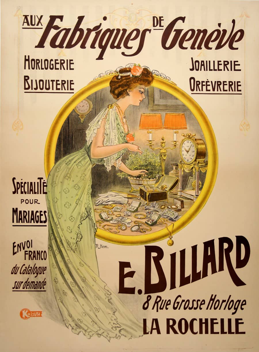 Fabriques de Geneve Original Vintage French Art Nouveau Jewelry Poster by Hem 1922