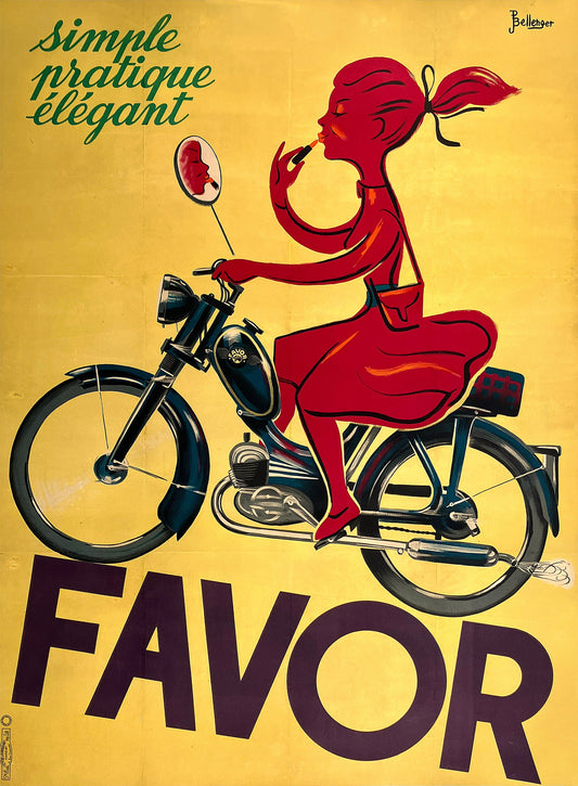 Original Vintage Favor Motorcycle Poster Girl in Red by Bellenger c1952