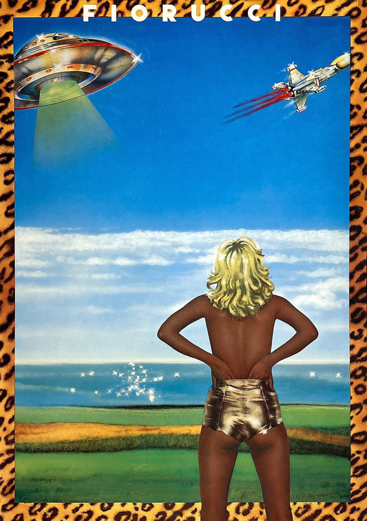 Original Vintage Fiorucci - Blonde on Beach With UFO Poster C1975