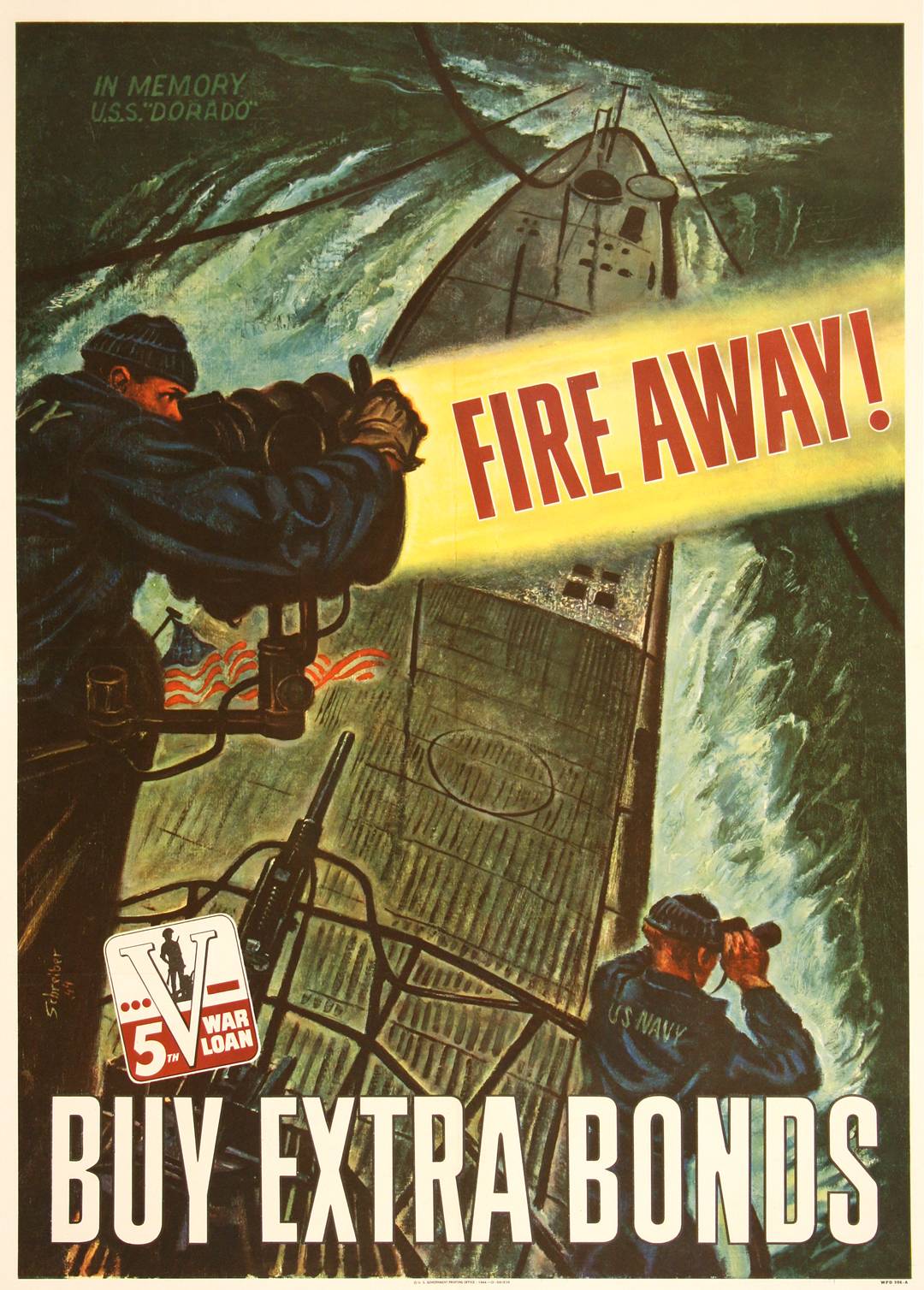 Original American WWII Poster 1944 by Schreiber - Fire Away Buy Extra Bonds
