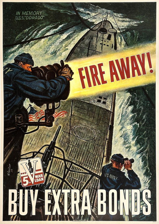 Original American WWII Poster 1944 by Schreiber - Fire Away Buy Extra Bonds Large