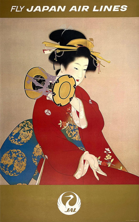 Original Vintage Japan Air Lines Poster - Geisha Holding Drum by Shoen Uemura 1968
