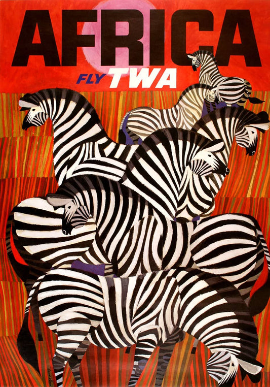 Original David Klein Fly TWA - Africa Zebras Poster c1960
