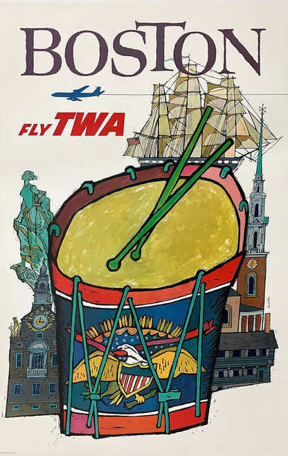 Original Vintage David Klein Fly TWA Boston Poster C1960